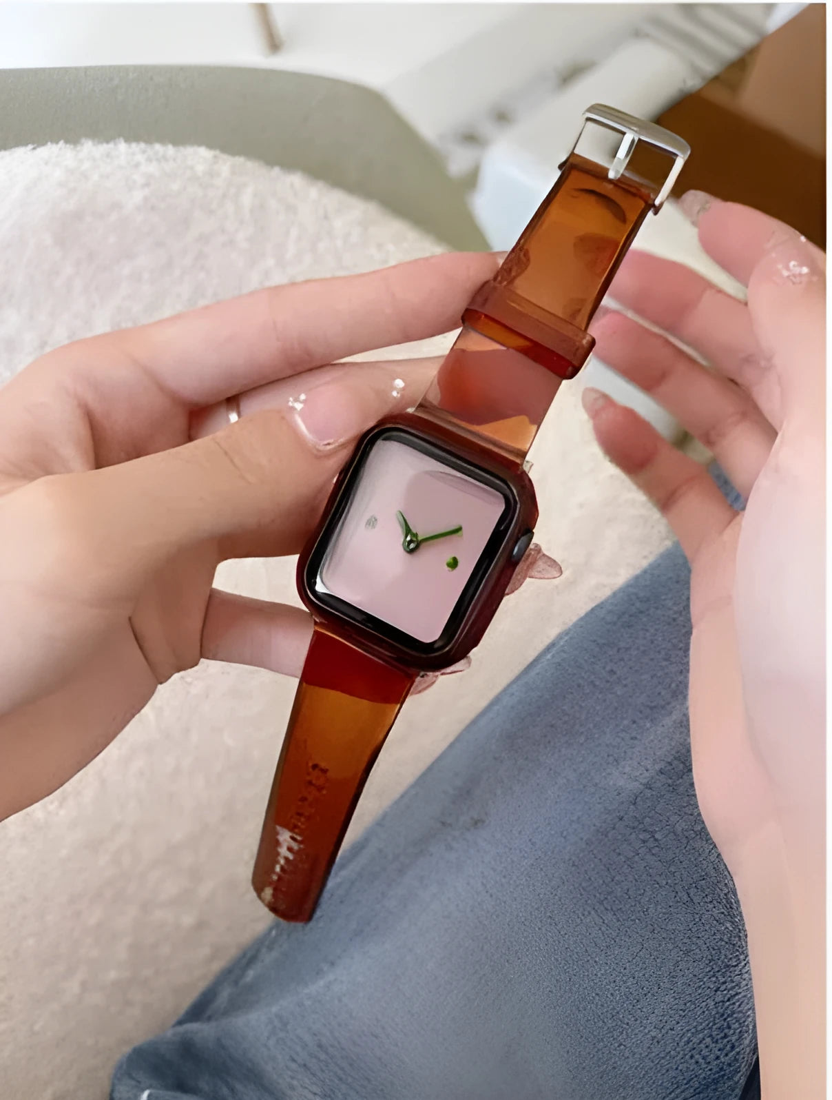 Brown transparent Apple Watch compatible replacement strap and case for Series 1-7 models