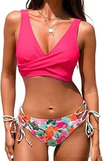 Yellow green women's halter bikini with lace-up front and matching briefs on a mannequin.