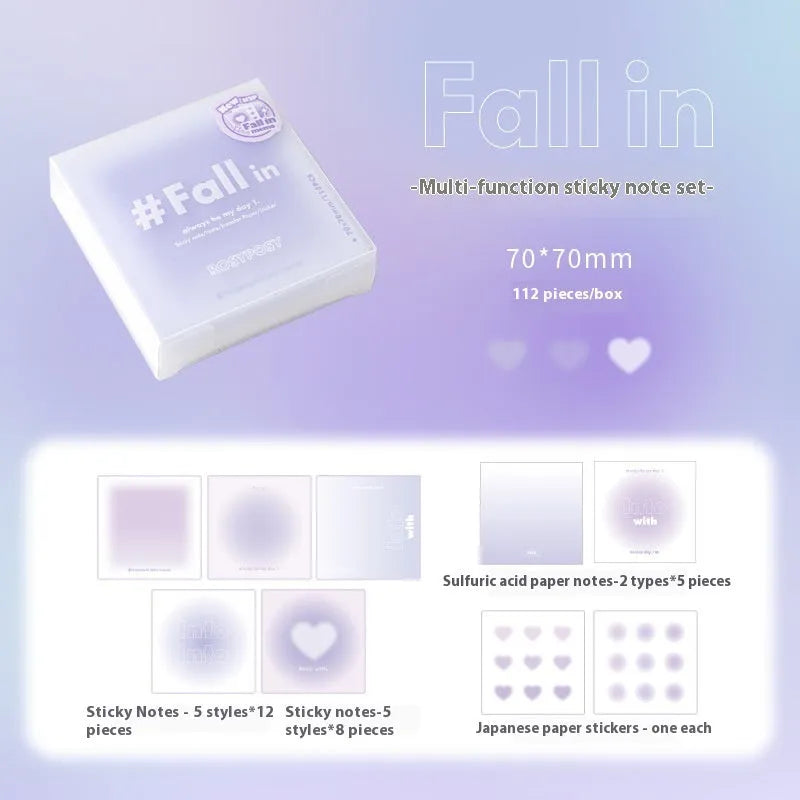 Square multifunctional notepad with gradient parchment paper, sticky notes, and plain pages in blush, green, blue, and purple colour options
