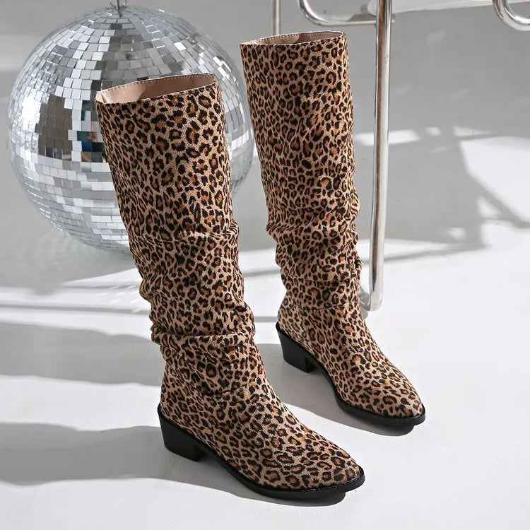 Brown leopard print women's ankle boots with a chunky square toe heel.
