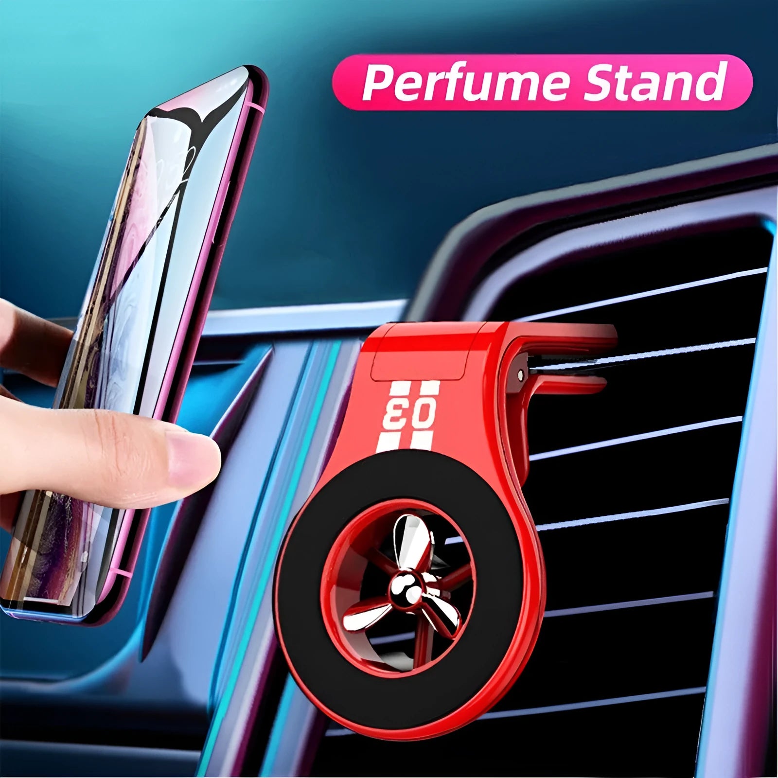 Black magnetic car phone holder mounted on vehicle air vent with smartphone attached