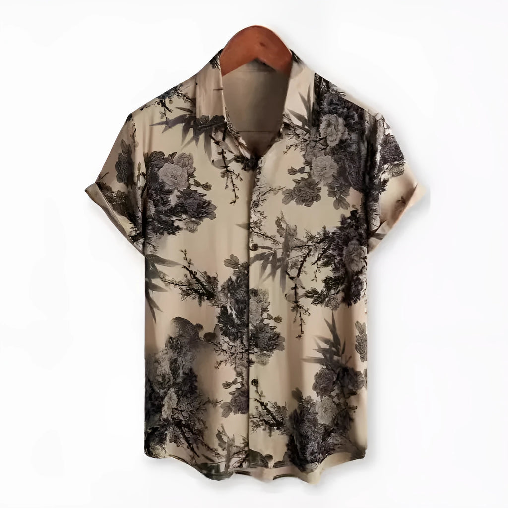 A Hawaiian floral print short sleeve shirt cardigan with a lapel collar, shown in a vibrant colour.
