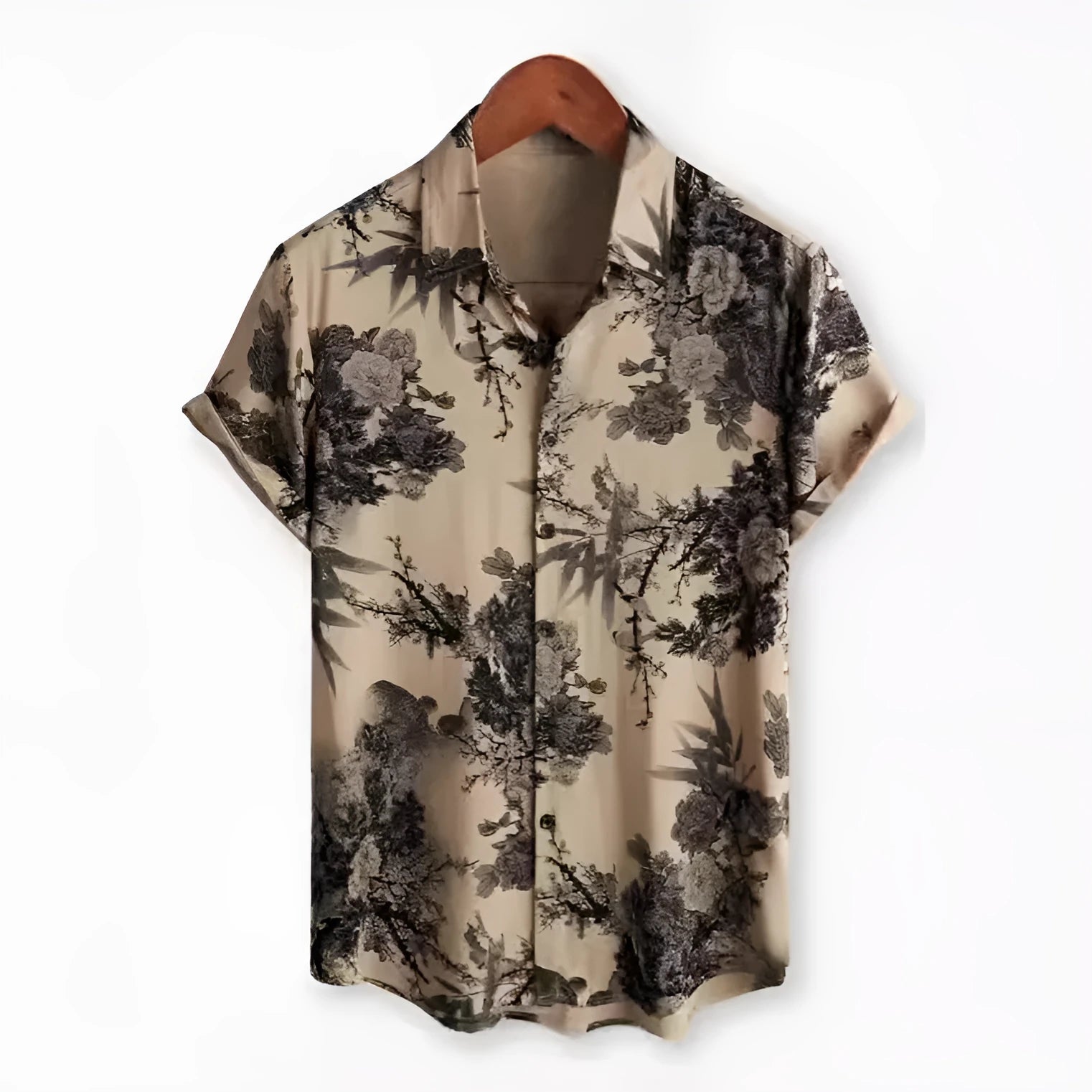 A Hawaiian floral print short sleeve shirt cardigan with a lapel collar, shown in a vibrant colour.