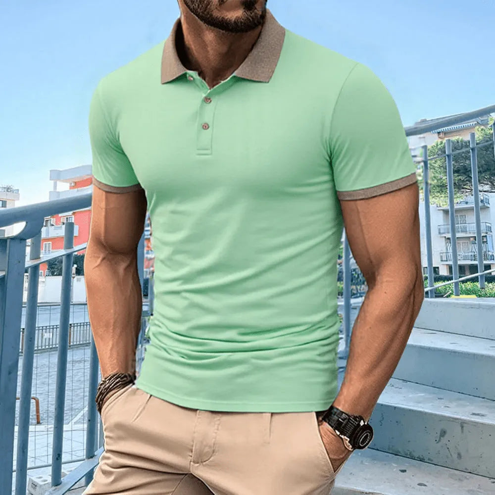 Summer polo shirt in ice silk polyester with short sleeves and printed flocking design