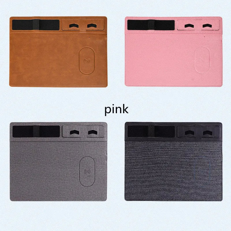 Pink multifunctional wireless charging gaming mouse pad with phone holder, 320mm by 260mm.