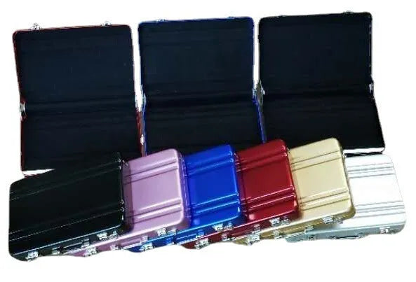 Slim aluminium metal card holder in six colour options: red, blue, black, silver, pink, and gold.