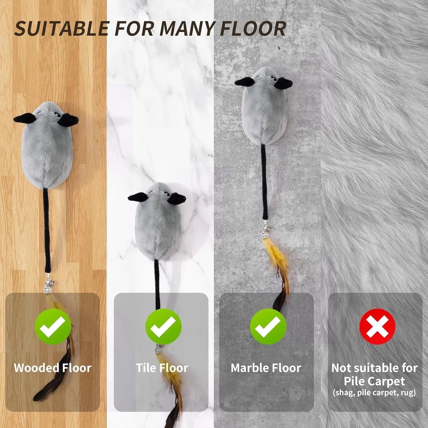 Rechargeable interactive cat mouse toy with LED lights and feather tail for indoor feline entertainment