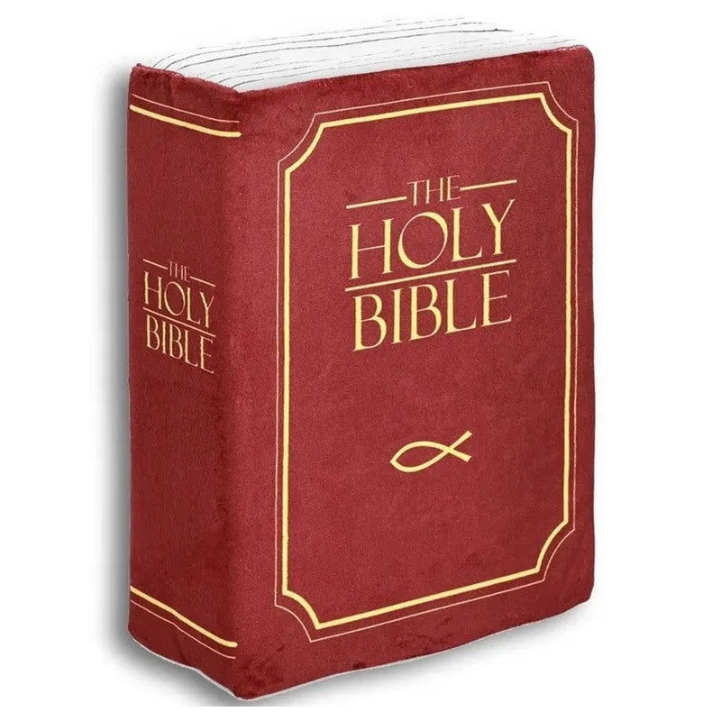 Purple plush Bible doll decorative cushion with memory foam filling on a sofa