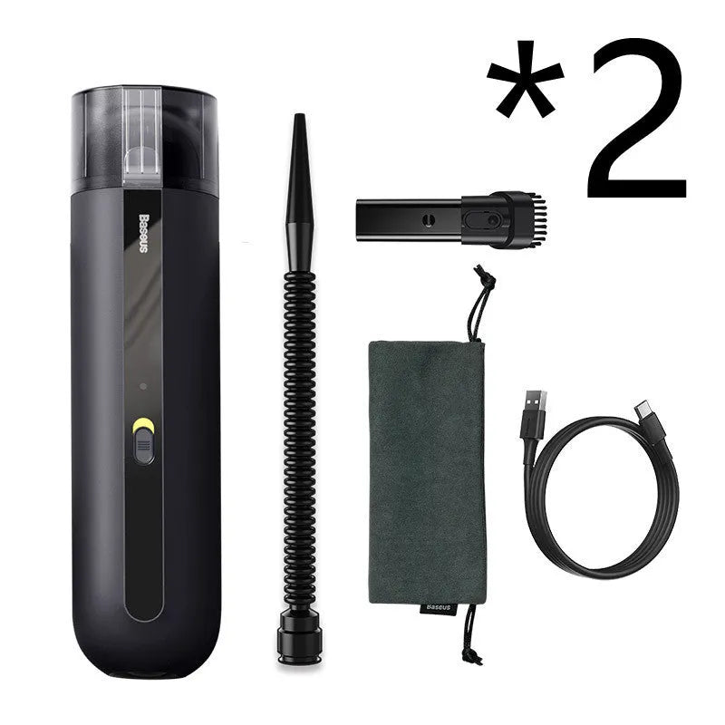 Baseus handheld cordless car vacuum cleaner with blowing hose, shown in black next to its 60ml dust cup.