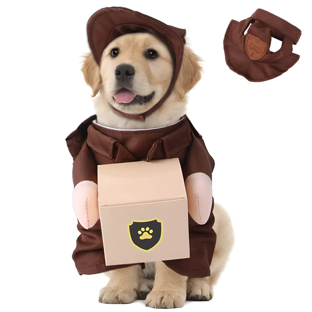 Coffee-coloured pet courier uniform costume for dogs or cats, shown in a standing style.