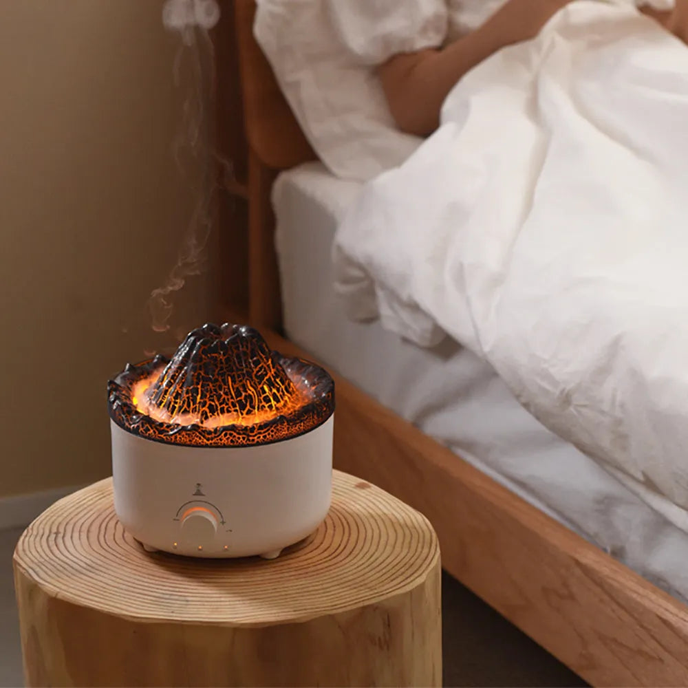 White simulated flame volcano humidifier and aroma diffuser with remote control