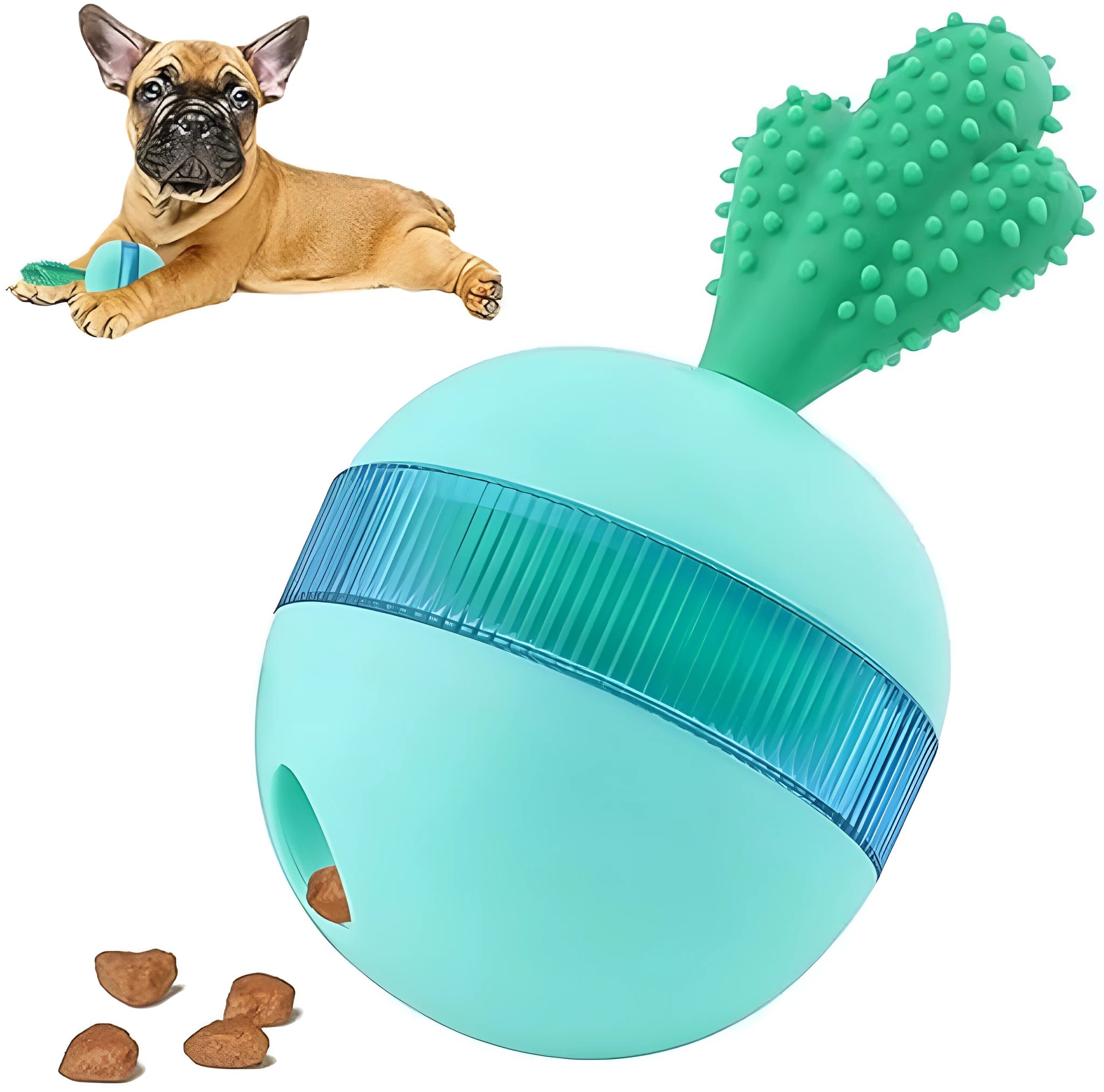 Blue and green durable rubber interactive treat dispensing tumble ball dog toy with small holes
