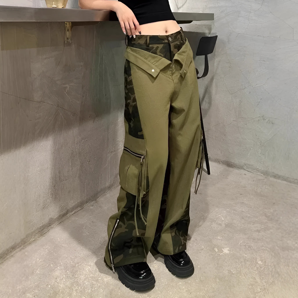 Women's dark khaki leopard print jeans with retro tooling style stitching and straight leg cut