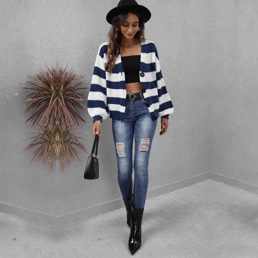 Women's striped deer plush cardigan sweater with button fastening in blue, black, brown, or dark green