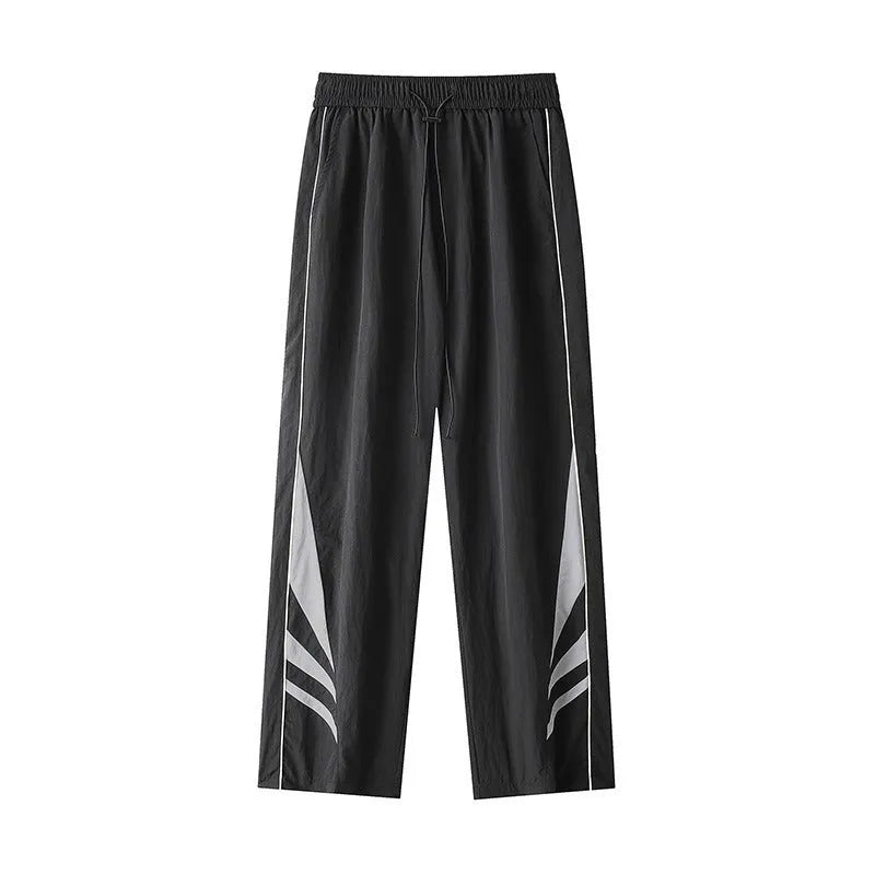 Men's straight leg summer trousers in black and gray colours with elastic waistband