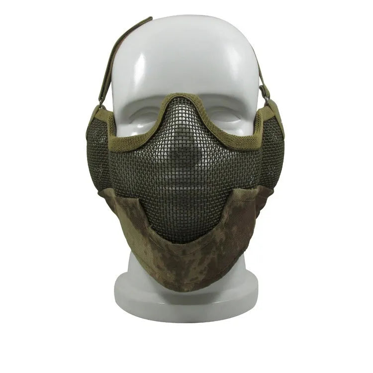 Carbon steel mesh protective face mask with head strap in camouflage pattern.