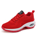 Red low-top women's mesh sneakers with front lace-up and round toe on a flat PU sole.