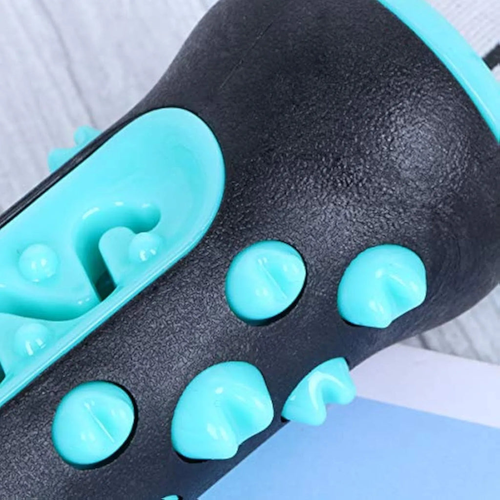 Natural rubber dog toothbrush chew toy in blue with cleaning bristles, shown next to a size scale.