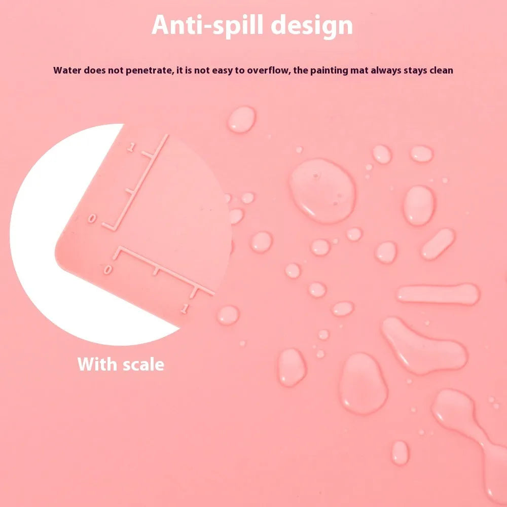 Silicone painting mat for watercolours in green colour, showing 50x40cm size and smooth surface