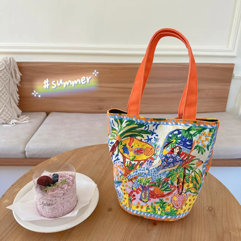 Dream Garden Orange plush canvas bucket bag with double shoulder straps and artistic letter printing