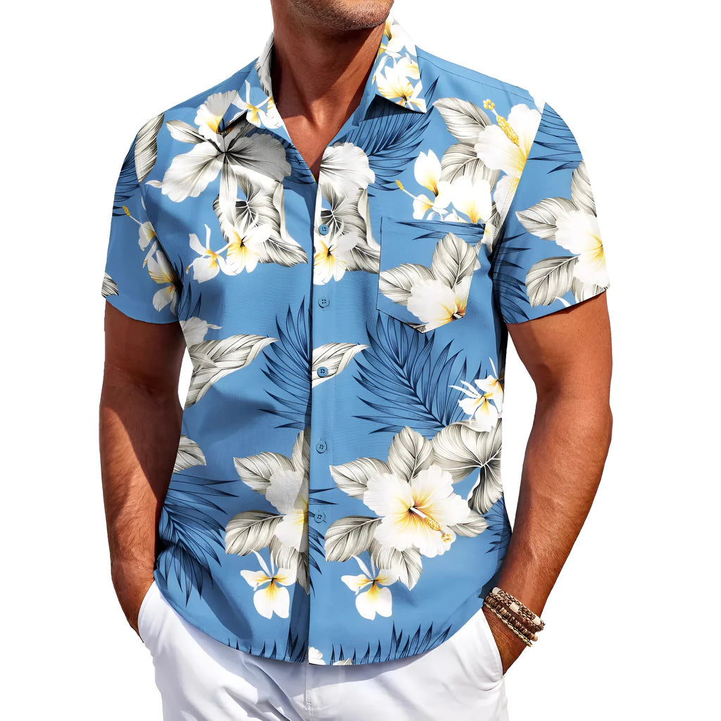 Men's slim fit Hawaiian short sleeve shirt in a colourful pattern.