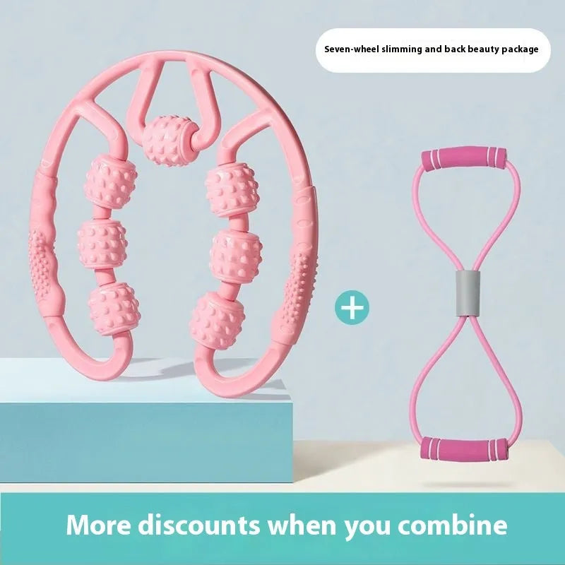 Handheld plastic leg massager roller with multiple wheels in macaron pink colour