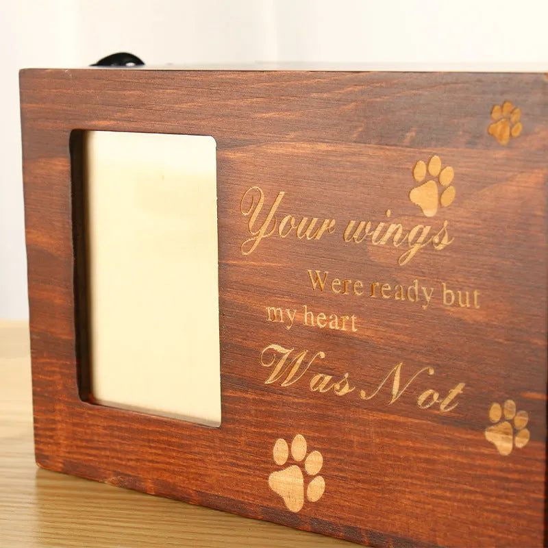 Solid wood pet cinerary casket with leash photo frame, carved wooden memorial box, 16x11x11cm, 338g