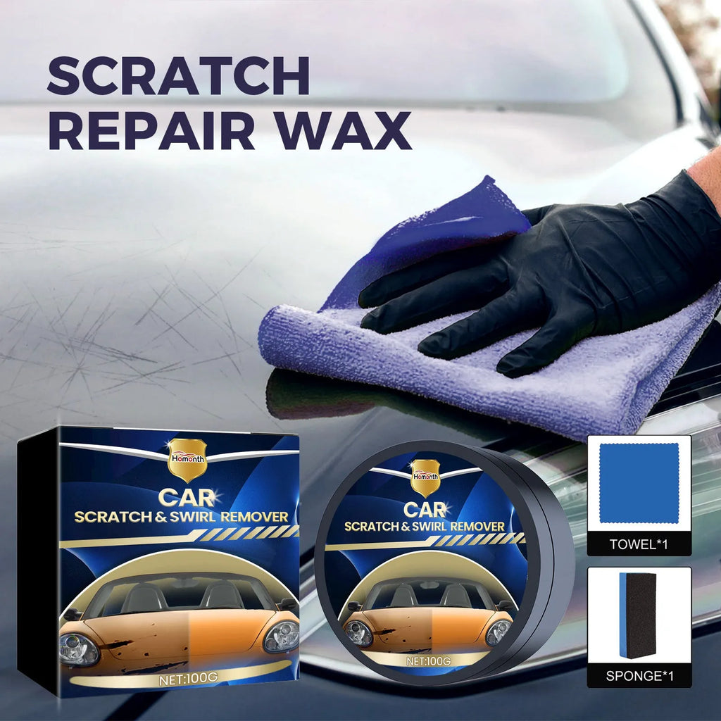 Car scratch wax 100g with sponge and cloth, 9.1cm x 9.1cm wax block for paint repair