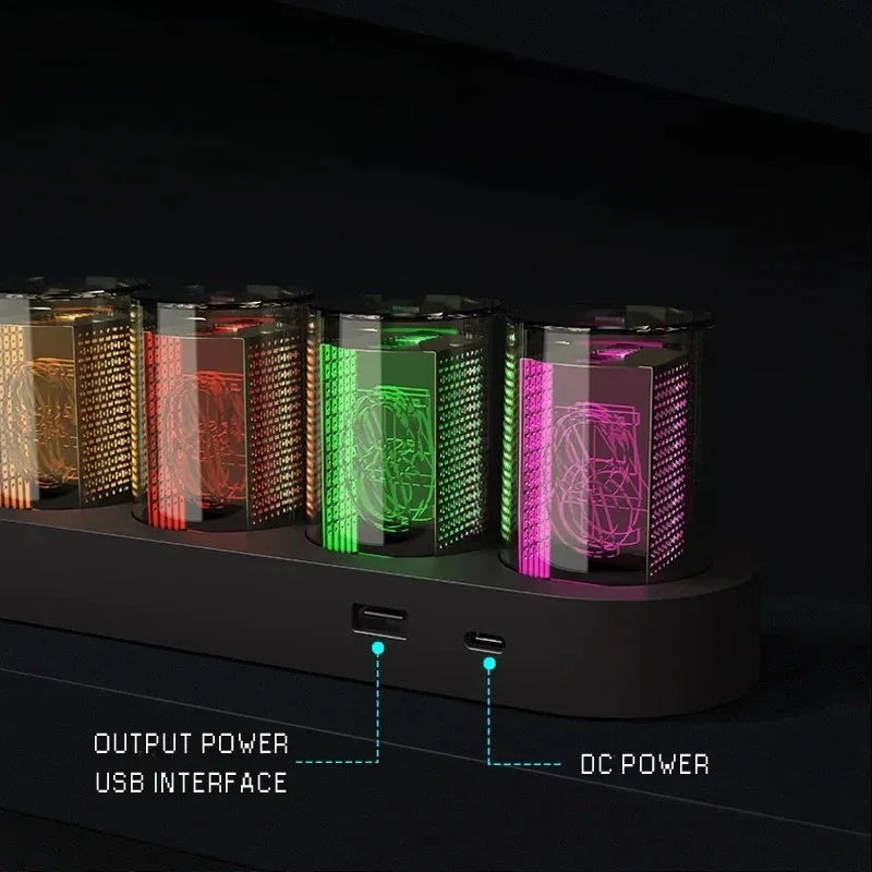 RGB LED digital tube clock showing time display with colourful lighting on desktop