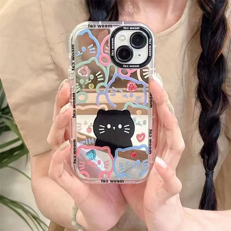 Linear cat pattern cosmetic mirror phone case with sticker for Apple 14 Pro, shockproof PC material