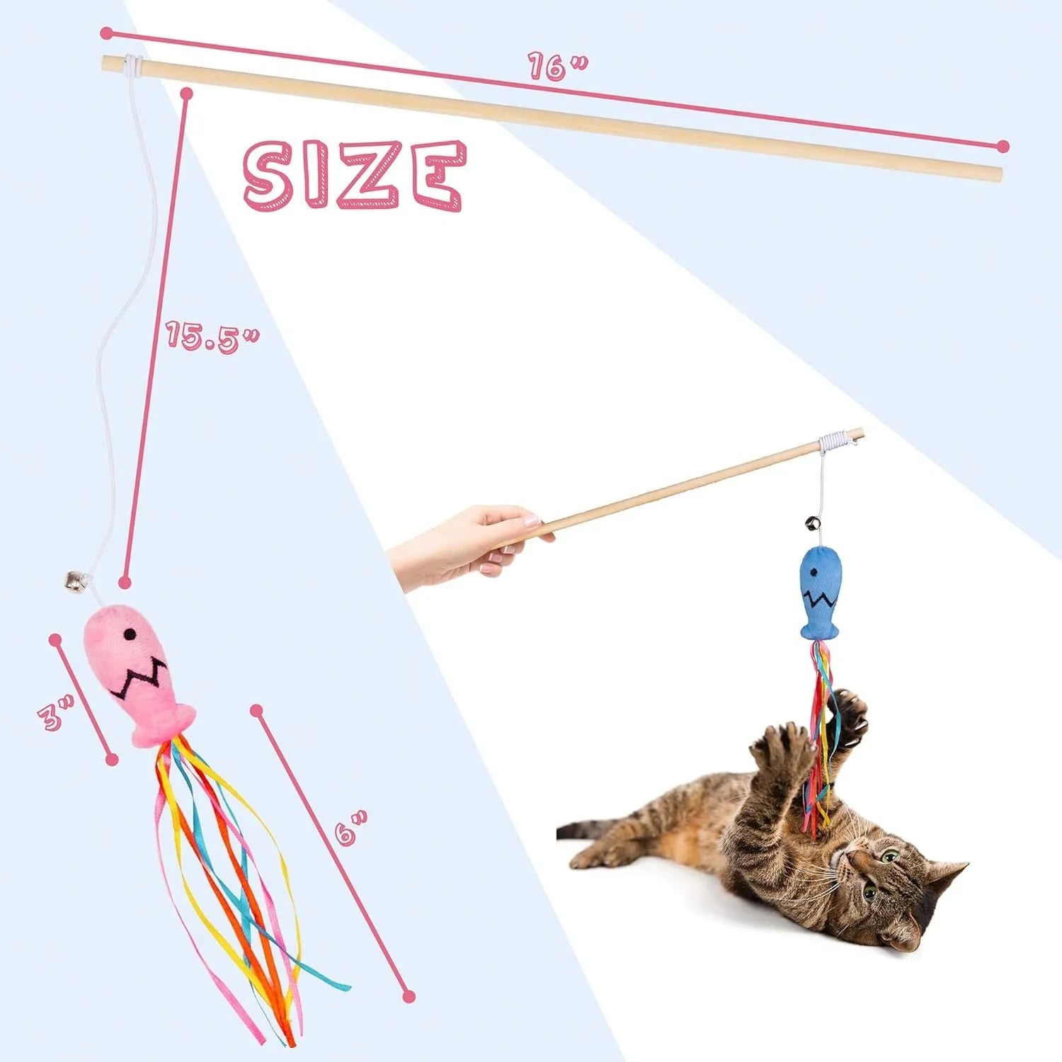 Cat wand toy with wooden handle, elastic rope, catnip fish, colourful ribbons, and bell