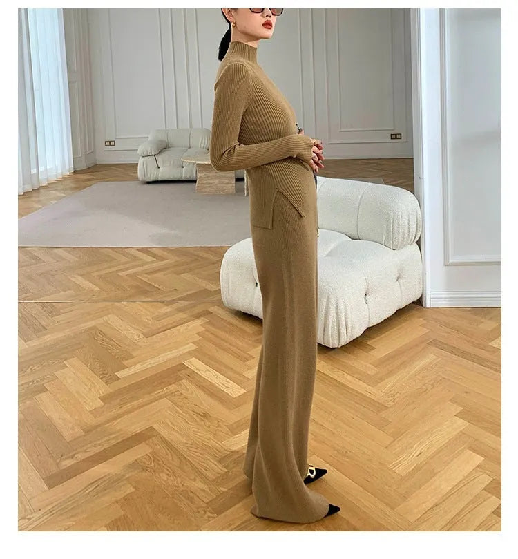 Women's apricot knitted three-piece set featuring a cardigan, sweater, and wide-leg trousers on a hanger.