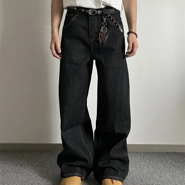 Black loose wide-leg straight-leg jeans with mid-waist and zip fly in retro style