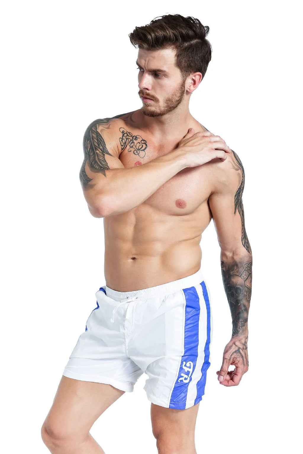 Blue men's sports shorts with lace-up front and slim fit on a white background.