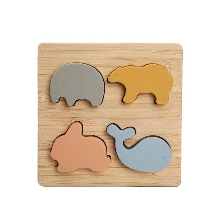 Food grade silicone baby animal puzzle toys three-dimensional building blocks in primary colour