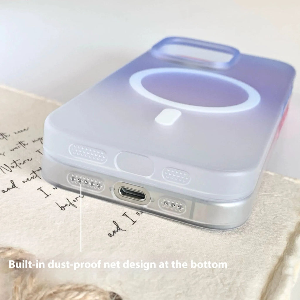 Frosted gradient blue magnetic suction case for iPhone, showing ultra-thin PC construction.