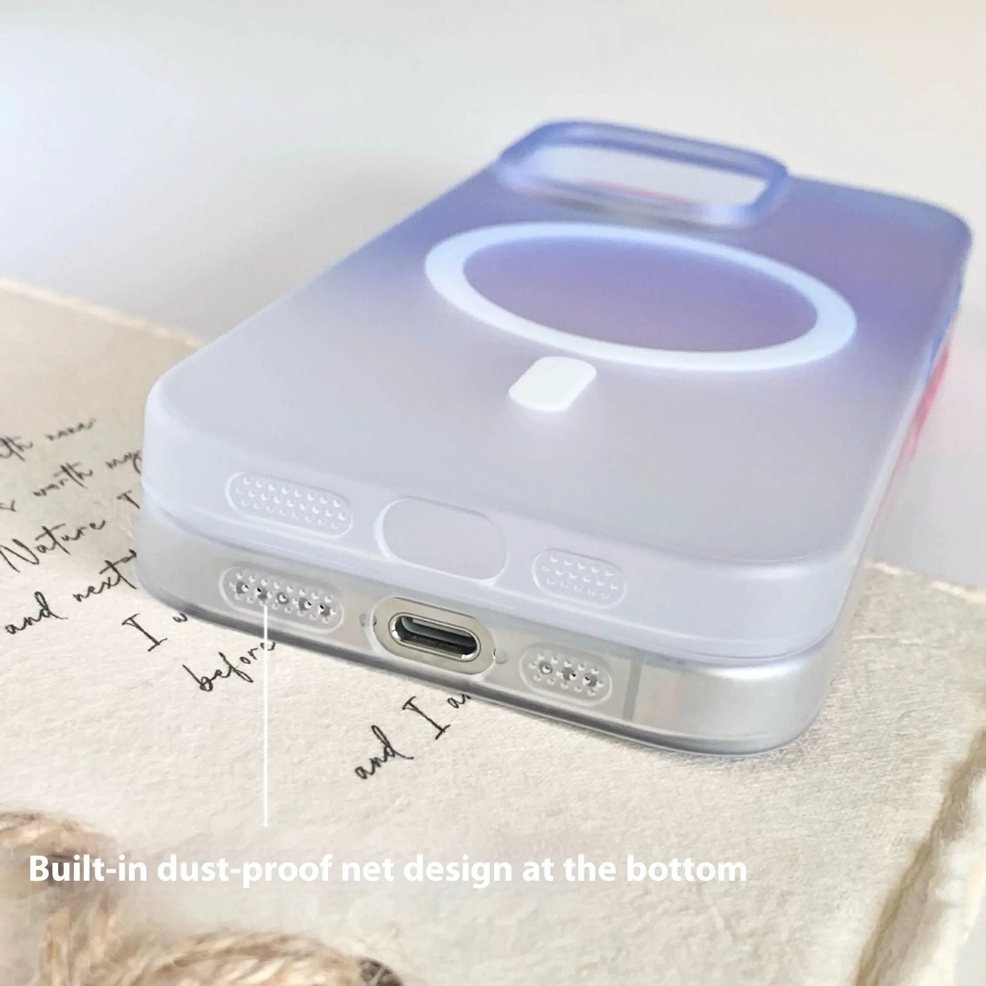 Frosted gradient blue magnetic suction case for iPhone, showing ultra-thin PC construction.