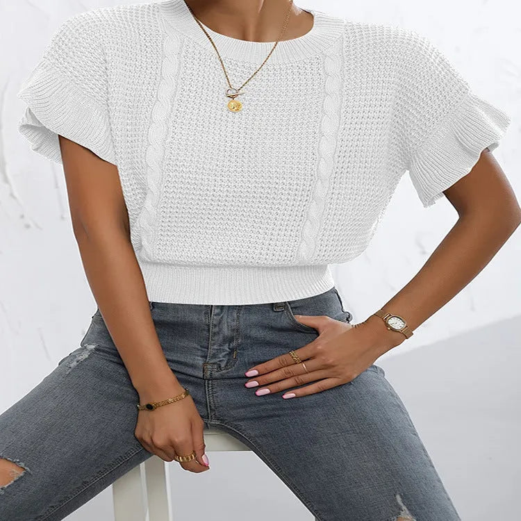 Twisted string pattern knitted sweater with ruffled short sleeves in loose Japanese Korean casual style