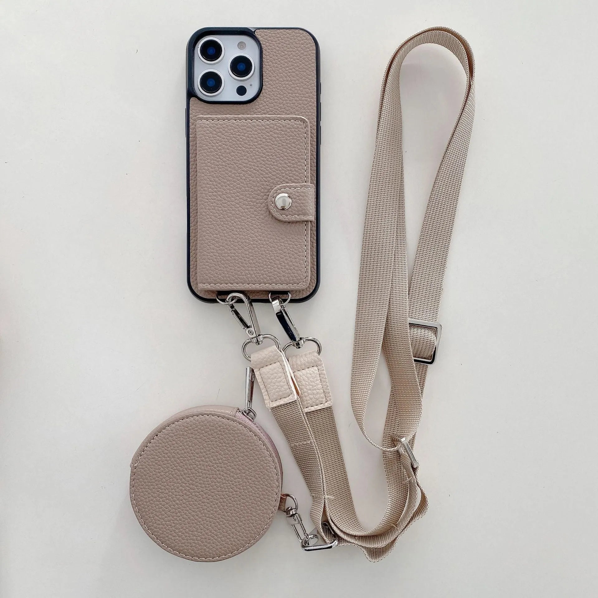 PC leather phone case with card holder slot and lanyard loop for Apple iPhone, shown in black.