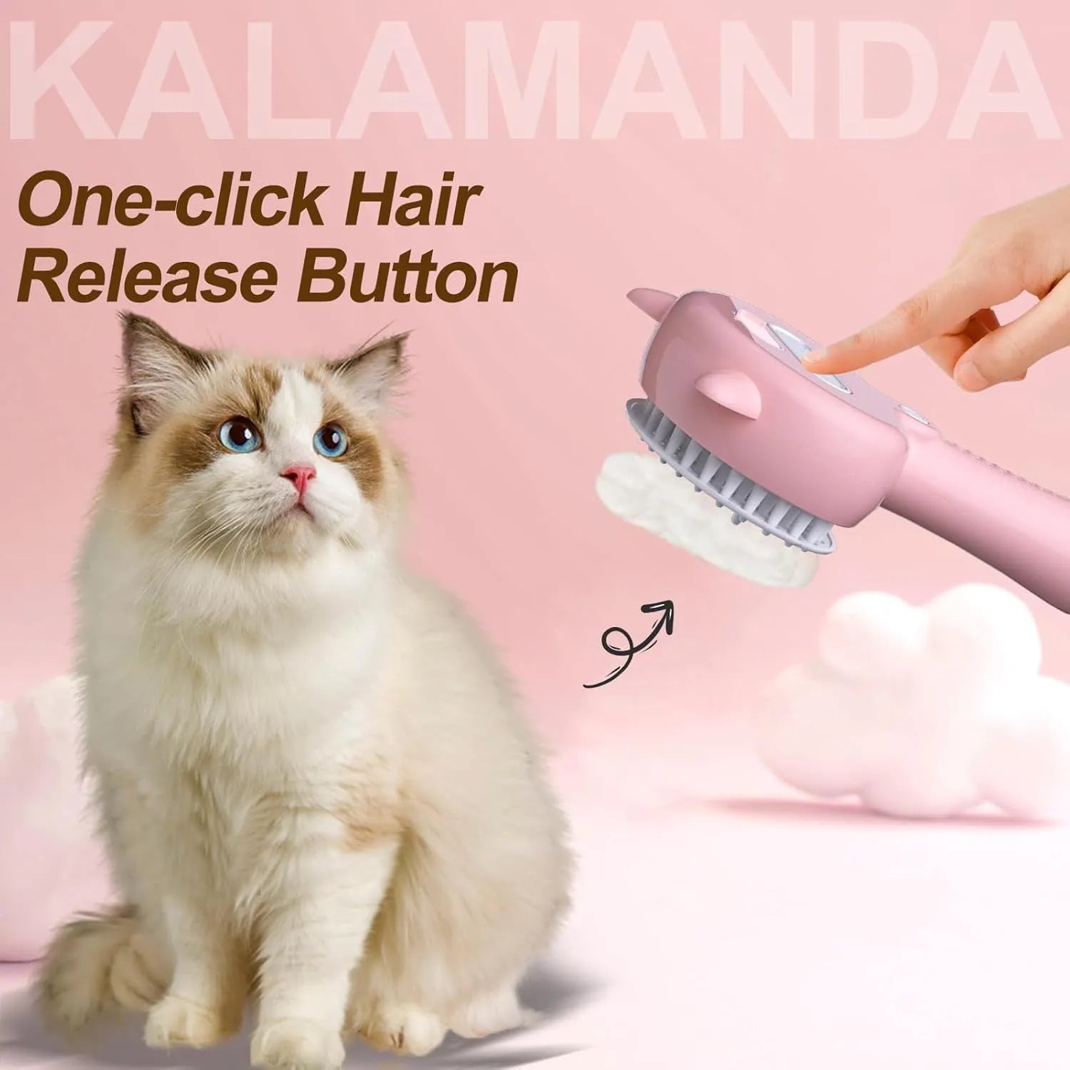 Cat ear-shaped steam grooming brush with blue handle and rubber bristles for pet hair removal