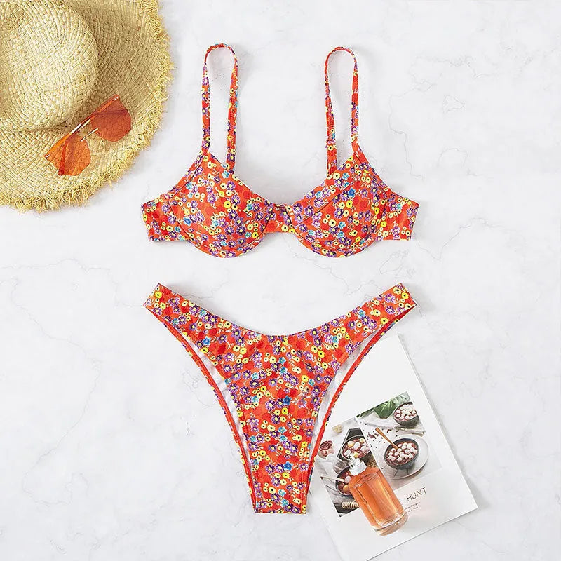 Red floral high waist one-piece swimsuit with split design for women