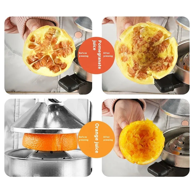 Black cast iron manual citrus juicer with stainless steel cone on a white background