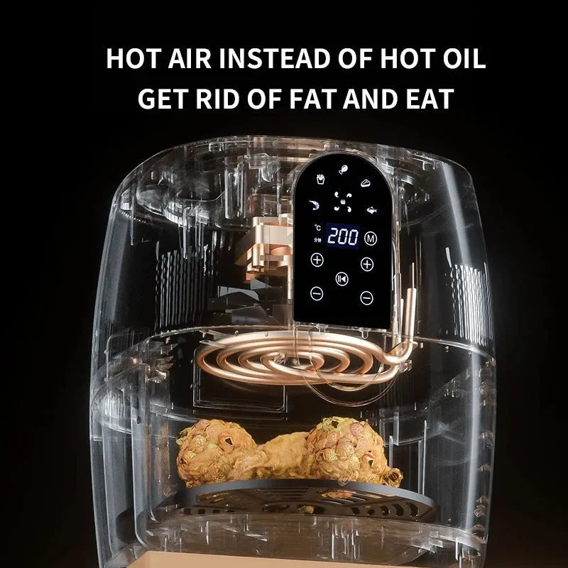 Black touch screen air fryer with digital display and non-stick Teflon basket.