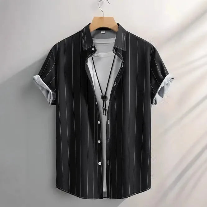 Men's striped short sleeve shirt with stand collar in loose fit casual style