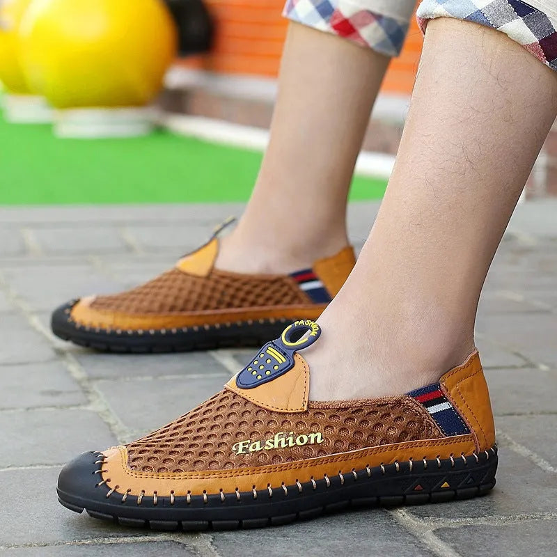 Men's brown casual mesh shoes with round toe and non-slip rubber sole.