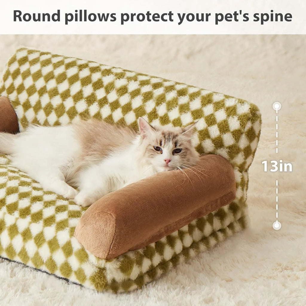 Checkered pet sofa bed for cats and small dogs with removable cover and non-slip bottom