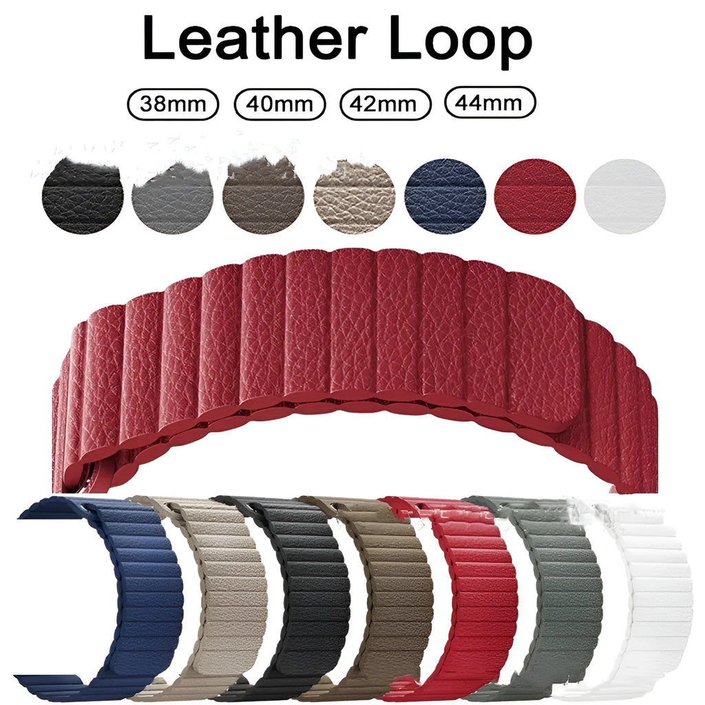 Genuine leather magnetic absorption strap for Apple Watch fitted on wrist, saddle brown colour