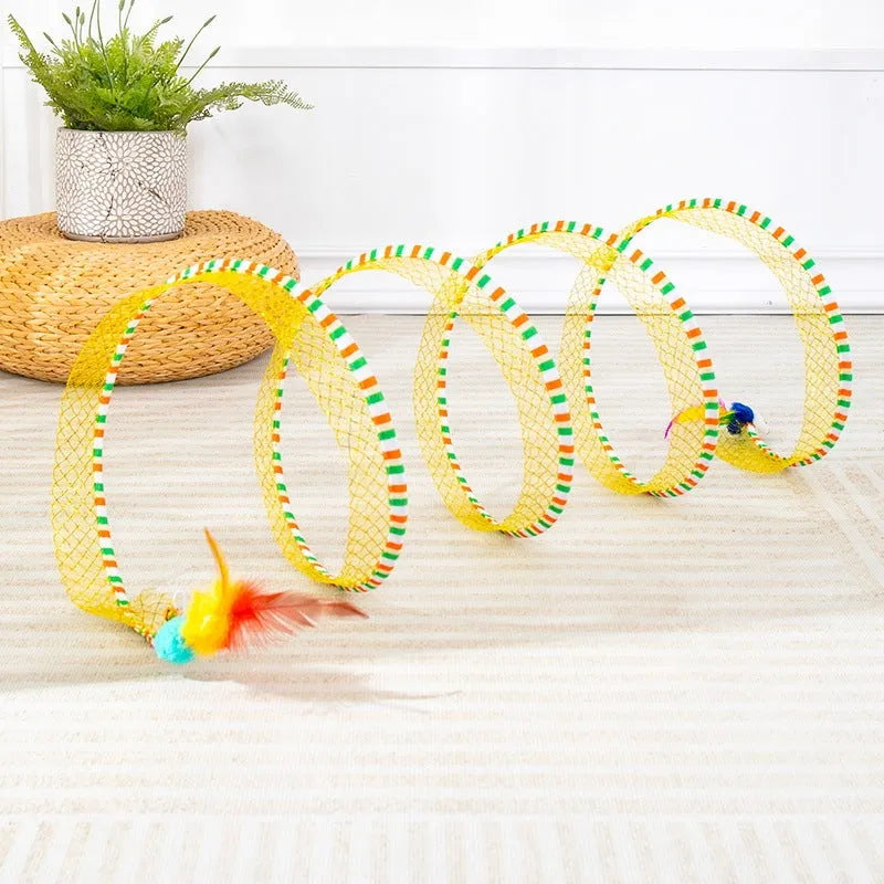 Blue and yellow cat toy set showing a long teasing stick with feather and a collapsible fabric tunnel.