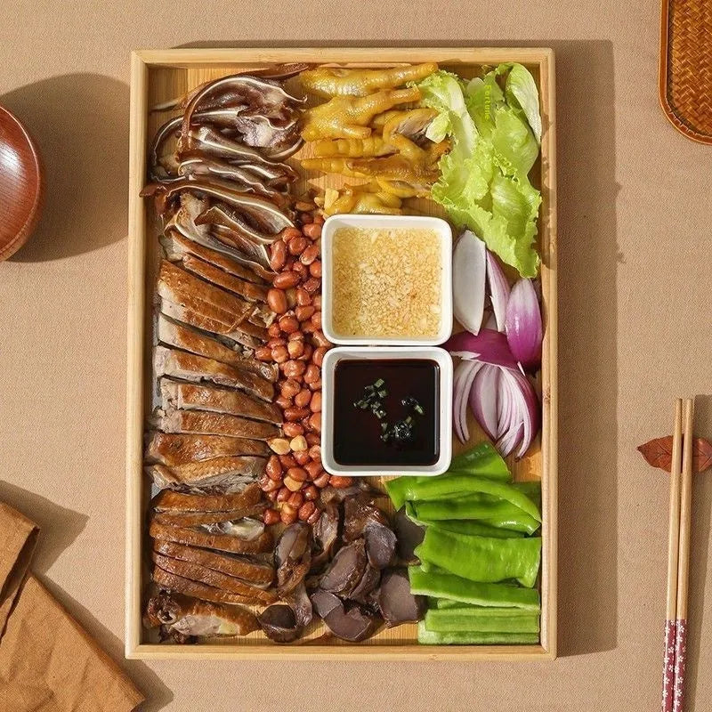 Square bamboo serving tray with brown handle for restaurant or hotel use