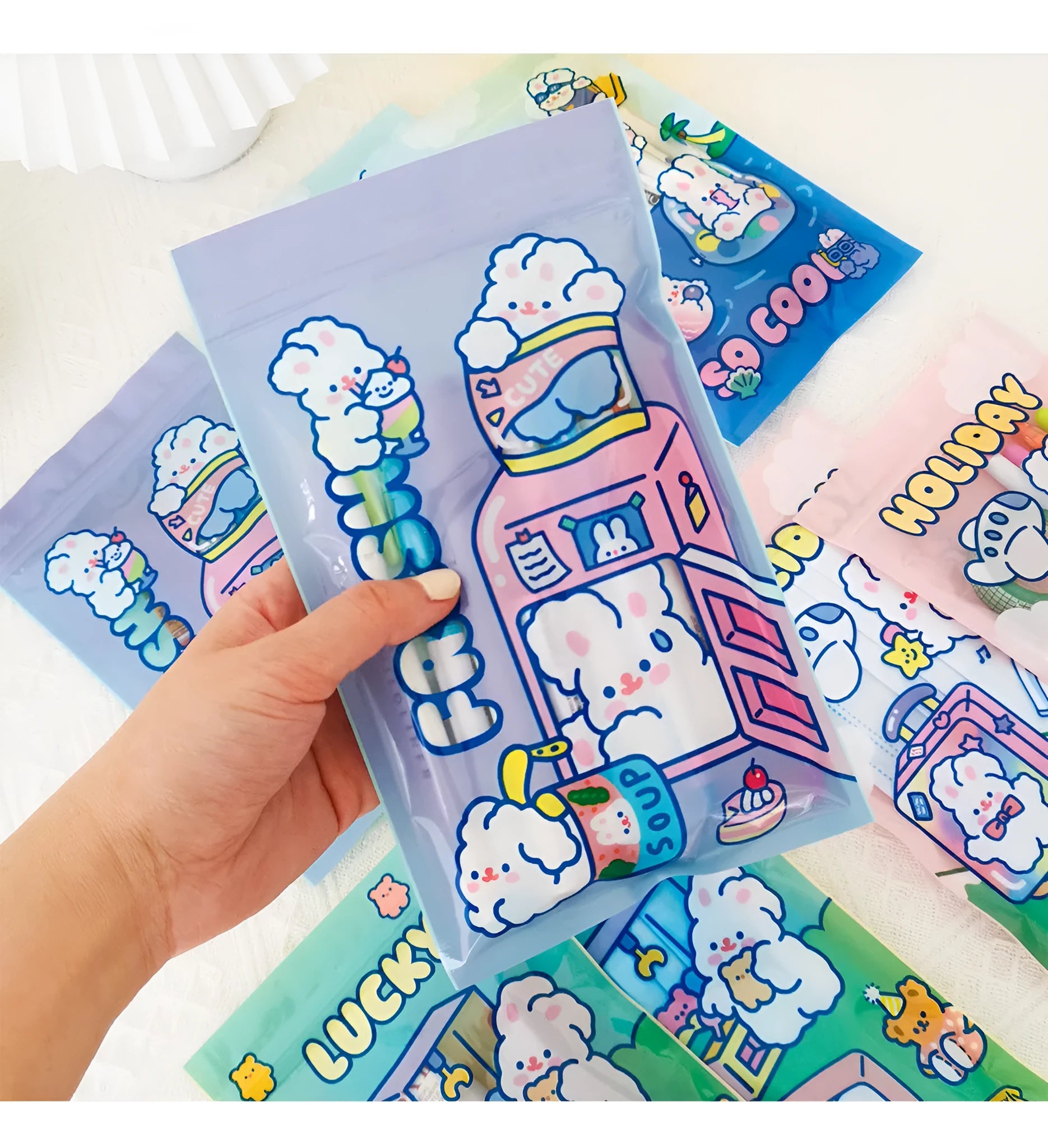 Cute rabbit theme packaging bags in green blue purple pink with four rabbit designs